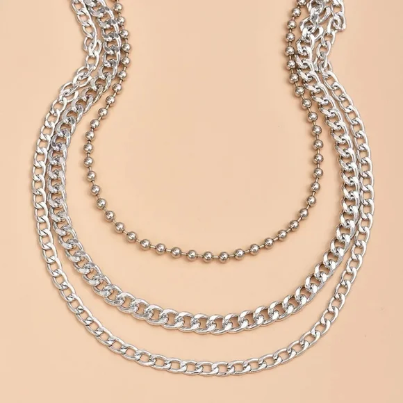NEW NECKLACE BEAD CHAIN LINK MULTILAYER WOMAN'S SILVER NECKLACE - Picture 3 of 4